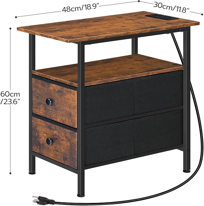 HOOBRO End Table with Charging Station, Set of 2 Narrow Side Tables, Nightstand with 2 Non-Woven Drawers, Slim Sofa Table, for Small Spaces, Living Room, Bedroom, Rustic Brown and Black BF486UBZP201
