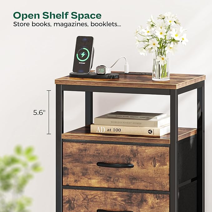 Huuger Night Stand with Charging Station, 4 Drawer Dresser for Bedroom, Bedside Table, 33.9 Inch Tall Nightstand with Open Shelf, End Table, for Closet, Entryway, Bedroom, Rustic Brown