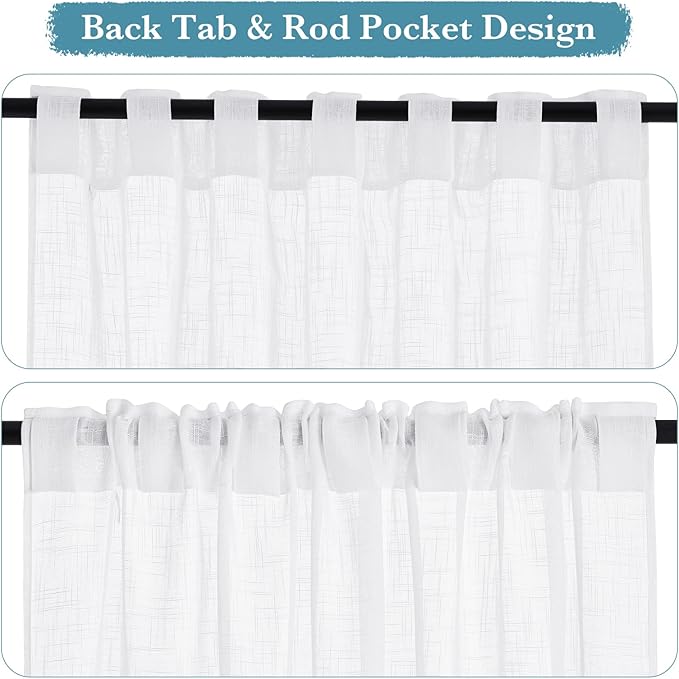 RYB HOME Sheer Curtains White 90 inches Long - Linen Texture Wave Fabric Vertical Window Shades for Sliding Glass Door Balcony Terrace Sun Room Beach Pool House, 52 x 90 inches, 1 Pair
