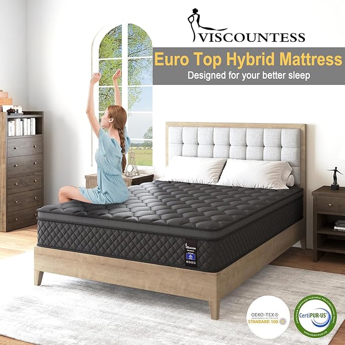 King Mattress, 14 Inch Hybrid Mattresses Black Euro Top Medium Firm for Back & Lumbar Support, 100 Night Trial, Individual Pocket Spring Bed for Motion Isolation & Pressure Relief