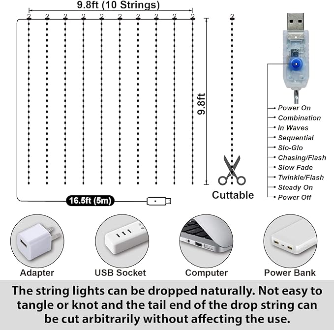 HXWEIYE 300LED Fairy Curtain Lights, 9.8x9.8Ft USB Plug-in 8 Modes Christmas String Hanging Lights with Remote for Bedroom Backdrop Wedding Party Indoor Wall Decor, Pink, Tangle-Free