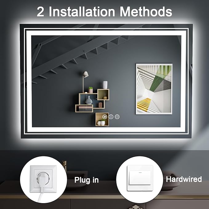 LED Bathroom Mirror, 48"X24" with Front and Backlit, Anti-Fog, Large Bathroom Vanity Mirror for Wall, Memory Function, Stepless Dimmable, Tempered Glass (Horizontal/Vertical)