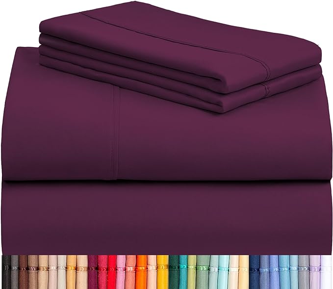 LuxClub 4 PC Full Sheet Set, Breathable Luxury Bed Sheets, Deep Pockets Wrinkle Free Cooling Bed Sheets Machine Washable Hotel Bedding Silky Soft - Eggplant Full