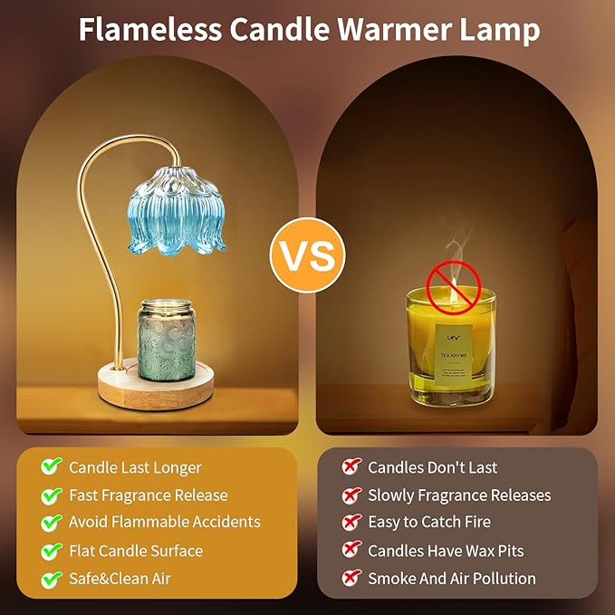 Dimmable Flower Candle Warmer Lamp, Blue Candle Warmer with Timer & 4Bulbs, Womens Gifts for Christmas Birthday, Unique Home Decor for Bedroom Living Room Decor Aesthetic