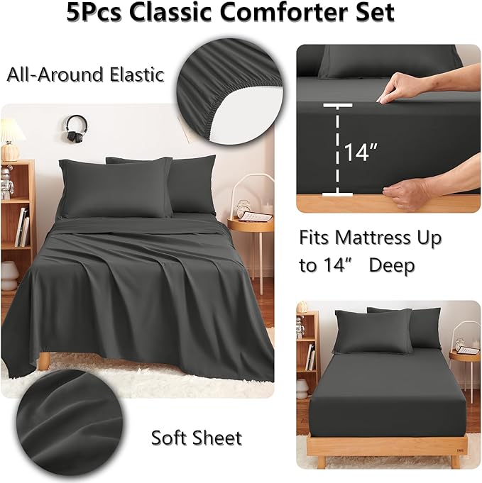 CozyLux Twin Comforter Set with Sheets Dark Grey - 5 Pieces Bed in a Bag Twin, All Season Bed Set for Girls and Boys, Bedding Set with Down Alternative Comforter, Sheets, Pillowcase & Sham