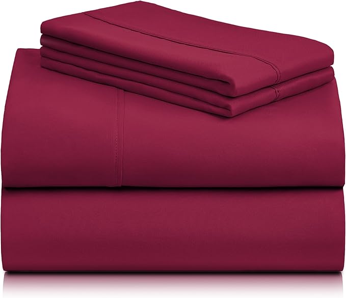 LuxClub 4 PC Queen Sheet Set, Breathable Luxury Bed Sheets, Deep Pockets Wrinkle Free Cooling Sheets Machine Washable Hotel Bedding Silky Soft - Burgundy Queen