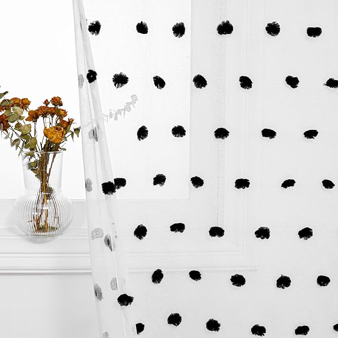 MYSKY HOME Curtains for Living Room & Bedroom - 84" Long Halloween Black Pom Pom Sheer Curtains for Nursery & Dining Room - 52" x 84" 2 Panels with Rod Pocket Privacy Drapes