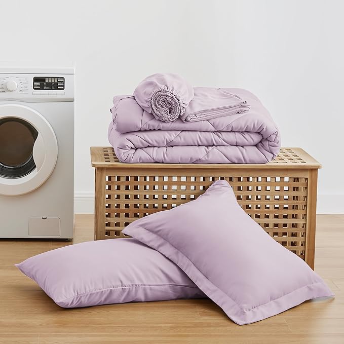 Love's cabin Twin Comforter Set Light Purple, 5 Pieces Twin Bed in a Bag, All Season Bedding Sets with 1 Comforter, 1 Flat Sheet, 1 Fitted Sheet, 1 Pillowcase and 1 Pillow Sham