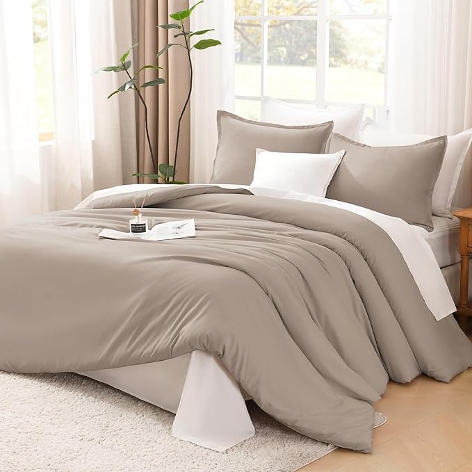 Litanika Light Coffee Comforters Oversized King Size, 3 Pieces Lightweight Solid Bedding Comforter Set, All Season Fluffy Bed Set (120x98In Comforter & 2 Pillowcases)