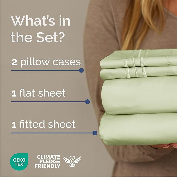Cal King Size 4 Piece Sheet Set - Comfy Breathable & Cooling Bed Sheets Set - Hotel Luxury Bedding for Women, Men, Kids, Teens, Boys & Girls - Deep Pockets & Wrinkle Free - Oeko-Tex - Light Sage Green
