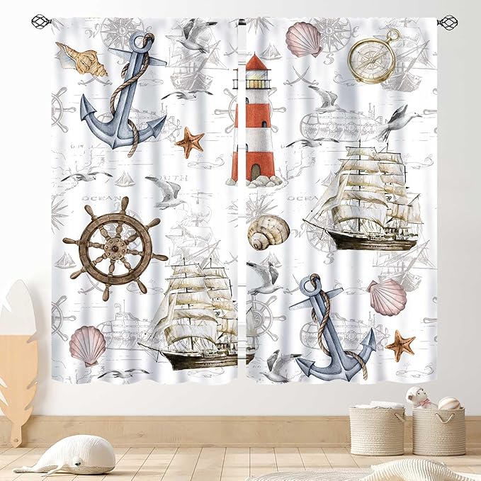 Nautical Kitchen Curtains, Vintage Marine Coastal Sailboat Compass Anchor Ocean Beach Lighthouse Watercolor Decorative Drapes for Bedroom Living Room Kitchen Bathroom Window 2 Panels Set, 42"x45" Inch