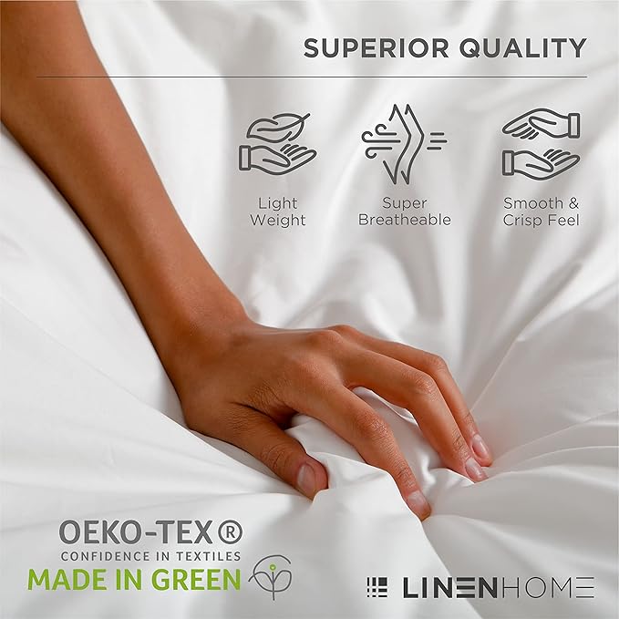 Linen Home 100% Cotton Percale Sheets King Size, Blue Duck Egg, Deep Pocket, 4 Pieces Set - 1 Flat, 1 Deep Pocket Fitted Sheet and 2 Pillowcases, Crisp Cool and Strong Bed Linen