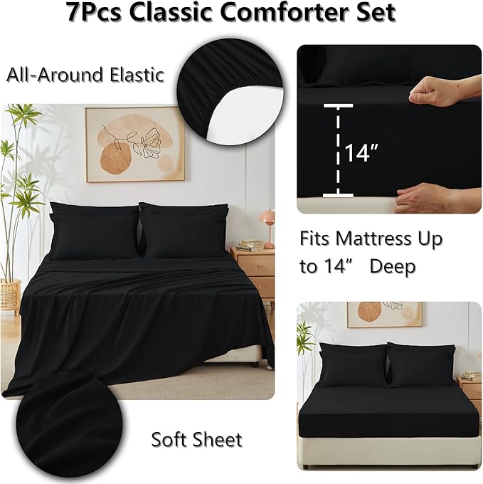 CozyLux Oversized King Comforter Set Black - 7 Pieces Bed in a Bag Comforter Set with Sheets, Luxury Soft Bed Set All Seasons, Bedding Set with Down Alternative Comforter, Sheets, Pillowcases & Shams