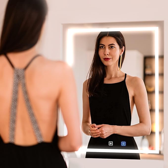 Fab Glass and Mirror Dimmable Lighted Bathroom Wall Vanity with Anti-Fog and Adjustable Colors Rectangular Frameless LED Mirror 40L X 18W Clear