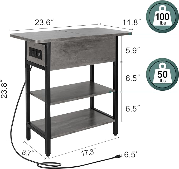 Yoobure End Table with Charging Station, Flip Top Side Table with USB Ports and Outlets, Sofa Couch Table Bedside Table for Living Room Bedroom, Narrow Nightstand with Storage Shelves for Small Space
