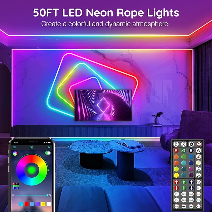 AILBTON 50FT Led Neon Rope Lights Control with App/Remote,Flexible Led Rope Light,Multiple Modes,IP65 Outdoor RGB Lights Waterproof,Music Sync Gaming Led Neon Strip Light for Bedroom Decor (50FT)