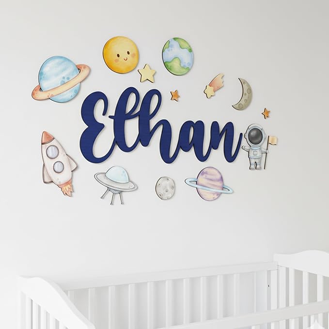 Custom Nursery Name Sign with Themed Decor Kit | Personalized Wooden Wall Art for Baby, Kids Room | Space, Jungle, Circus, Under the Sea, Woodland, Rainbow (60", Space)