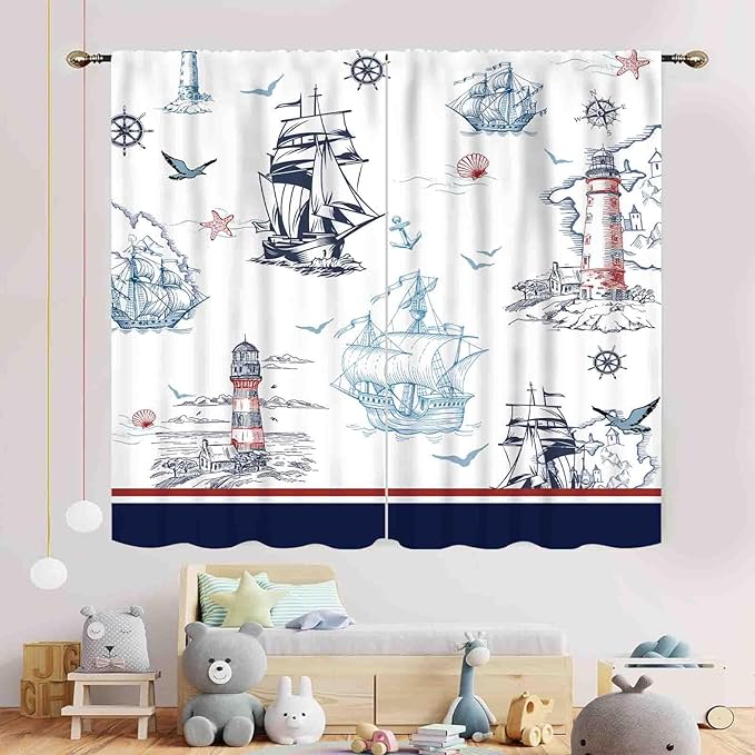 Nautical Curtains, Vintage Marine Coastal Sailboat Compass Anchor Ocean Beach Lighthouse Watercolor Blue Decorative Drapes for Bedroom Living Room Kitchen Bathroom Window 2 Panels, 63"x63" Inch