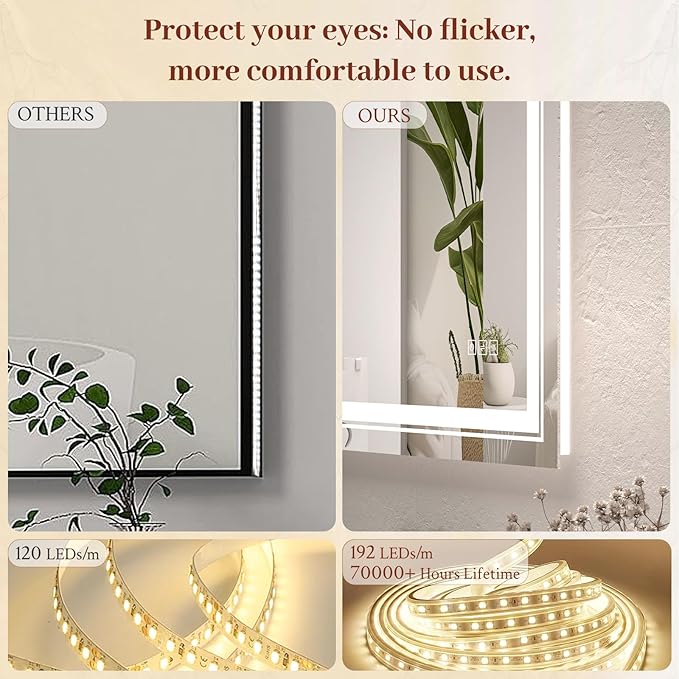28x32 LED Mirror for Bathroom with Front and Backlit Light Up Digital Mirrors for Wall,Anti Fog,Stepless Dimmable,Tempered Silver Glass Smart Vanity Mirror for Bathroom