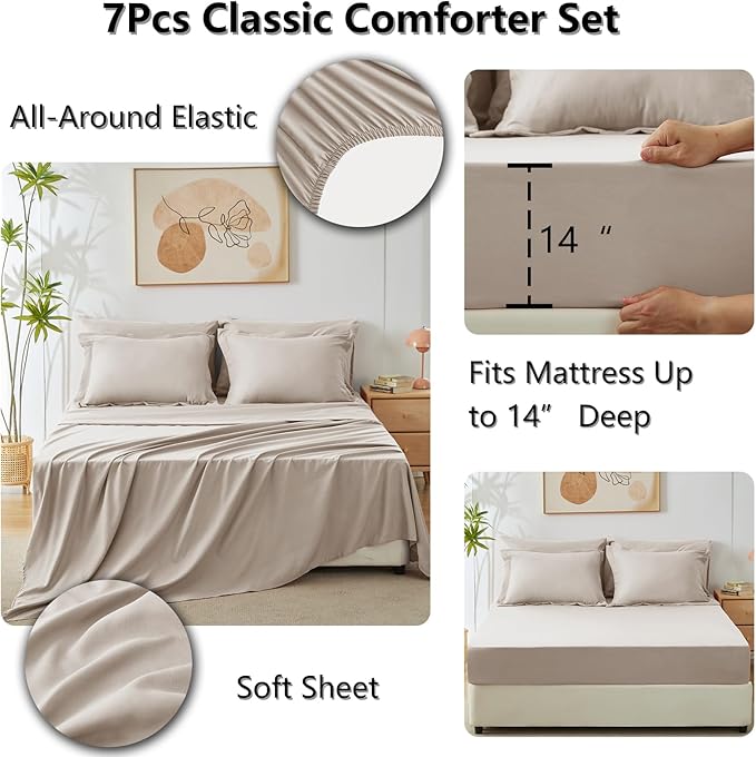 CozyLux Queen Comforter Set Linen - Bed in a Bag Queen Size 7 Pieces, Luxury Soft Bed Set for All Seasons, Bedding Set with Down Alternative Comforter, Sheets, Pillowcases & Shams