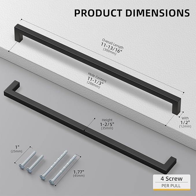 goldenwarm 35 Pack 11-1/3 Inch Black Cabinet Handles Matte Black Drawer Pulls Stainless Steel Cabinets Hardware Square Bar Modern for Kitchen Bathroom Cupboard
