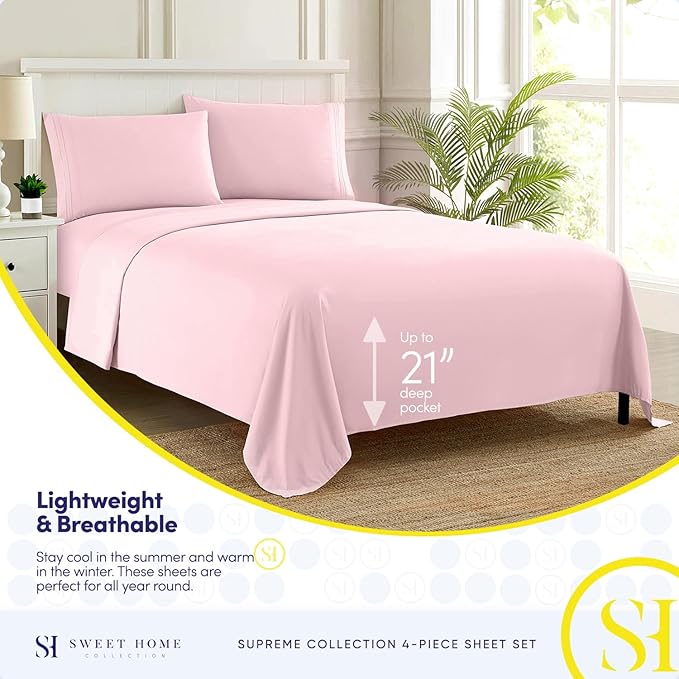 Twin Sheets - Breathable Luxury Sheets with Full Elastic & Secure Corner Straps Built In - 1800 Supreme Collection Extra Soft Deep Pocket Bedding Set, Sheet Set, EXTRA DEEP pocket - Twin, Pale Pink