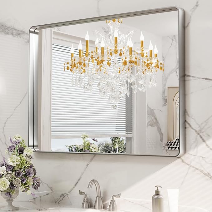 LOAAO 40X32 Inch Brushed Nickel Bathroom Mirror, Rounded Rectangle Silver Metal Frame Mirror, Brushed Nickel, Anti-Rust, Shatter Proof, Hangs Horizontally or Vertically