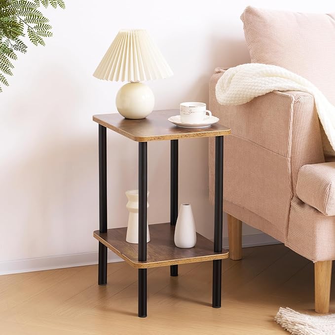 Apicizon 2 Tier End Table, Small Side Table with Solid Wood Legs, Boho Bedside Table with Storage Shelf, Nightstand for Small Spaces, Bedroom, Living Room, Entryway, Farmhouse, Easy Assembly, Brown