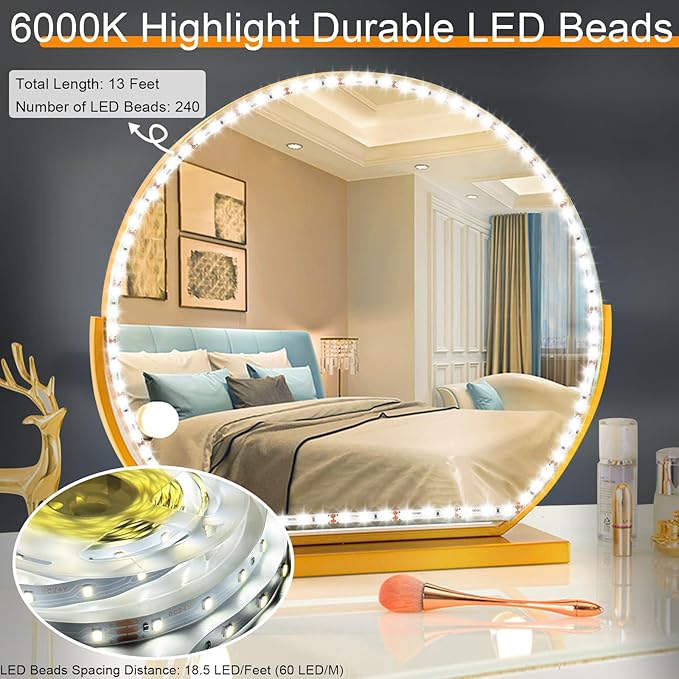 LED Vanity Mirror Lights for Makeup Dressing Table Vanity Set 13ft Flexible LED Light Strip Kit 6000K Daylight White with Dimmer and Power Supply, DIY Mirror, Mirror not Included