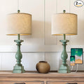 BOBOMOMO 27" Farmhouse Table Lamp Set of 2 with USB A+C for Bedroom Living Room Vintage Rustic Traditional Nightstand Bedside Lamps Retro Side Table Lamps (Green)