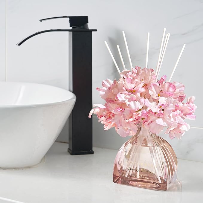 COCORRÍNA Reed Diffuser - 8.5 Oz Cherry Blossom Reed Diffuser with 8 Sticks for Home Bathroom Shelf Decor (Simple Luxe Collection)