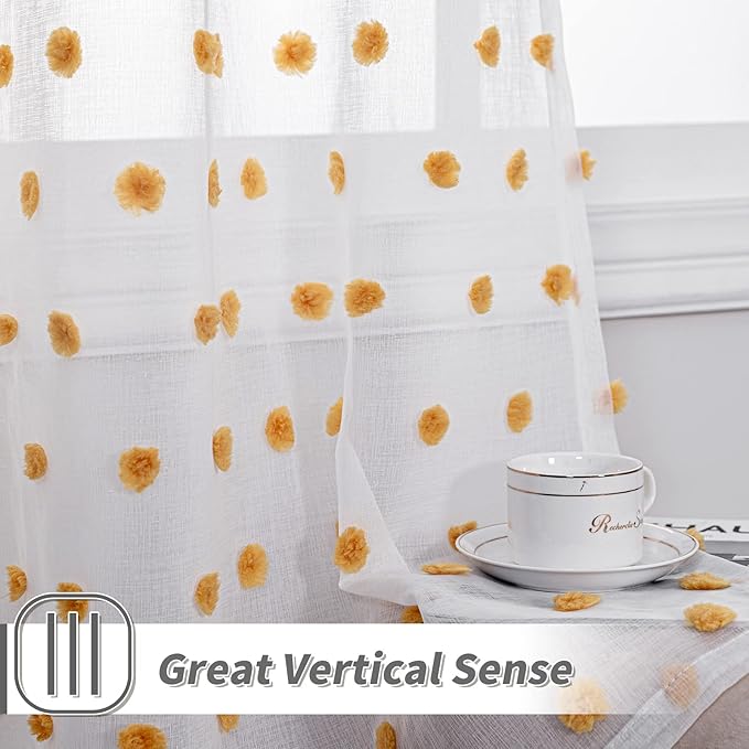 MYSKY HOME Short Curtains for Bedroom 54 Inches Long Burnt Orange Pom Pom White Sheer Curtains Kitchen Bathroom Nursery Boys Kids Room Rod Pocket 2 Pieces Small Window 52" x 54"