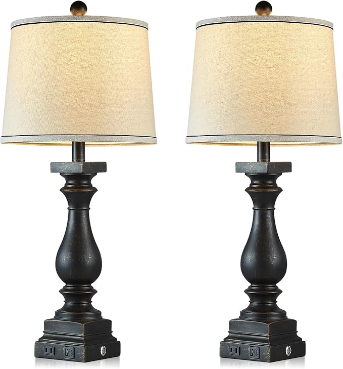 28" Tall Farmhouse Table Lamps with USB C+A Ports and AC Outlet, 3 Way Touch Control Rustic Bedside Lamps for Bedroom, Black Vintage Nightstand Lamps for Living Room Office