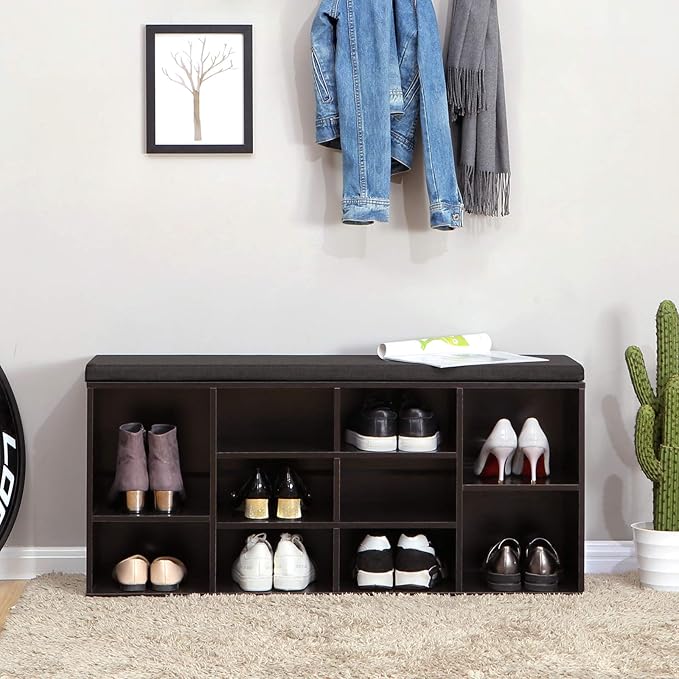 VASAGLE CUSTOS Collection - Shoe Bench, Storage Bench with Padded Seat, Entryway Bench with 10 Compartments, for Bedroom, 11.8 x 40.9 x 18.9 Inches, Espresso Brown and Chestnut Brown ULHS10BR