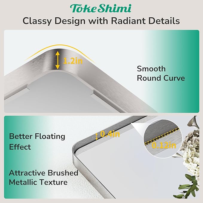TokeShimi Brushed Nickel Bathroom Mirror 22x30,HD Tempered Glass,Silver Bathroom Vanity Mirror for Over Sink,Aluminum Framed Mirror Wall(Horizontal/Vertical)