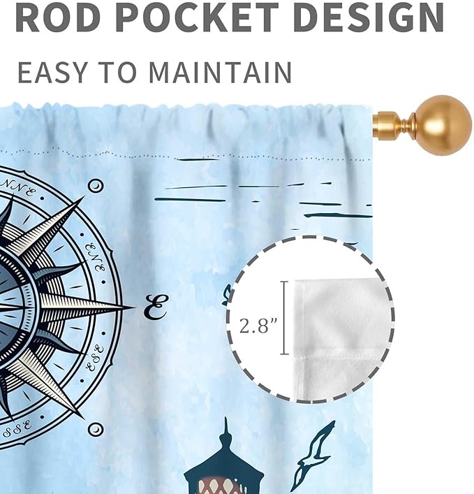 Nautical Curtains, Vintage Marine Coastal Sailboat Compass Anchor Ocean Beach Lighthouse Watercolor Blue Decorative Drapes for Bedroom Living Room Kitchen Bathroom Window 2 Panels Set, 52"x84" Inch