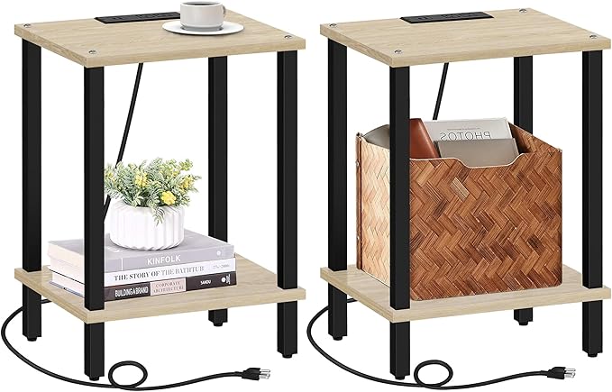 TUTOTAK End Table with Charging Station, Set of 2, Small Side Table with Outlets, Nightstand Bedside Table, 2-Tier Storage Shelf for Small Space, Living Room, Bedroom Oak TB01BO041