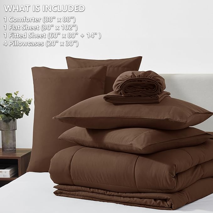 CozyLux Queen Comforter Set Brown, 7 Pieces Bed in a Bag, Brown Comforter Queen Size, All Season Bedding Sets with Stitch Quilted Comforter, Flat Sheet, Fitted Sheet, Pillowcases