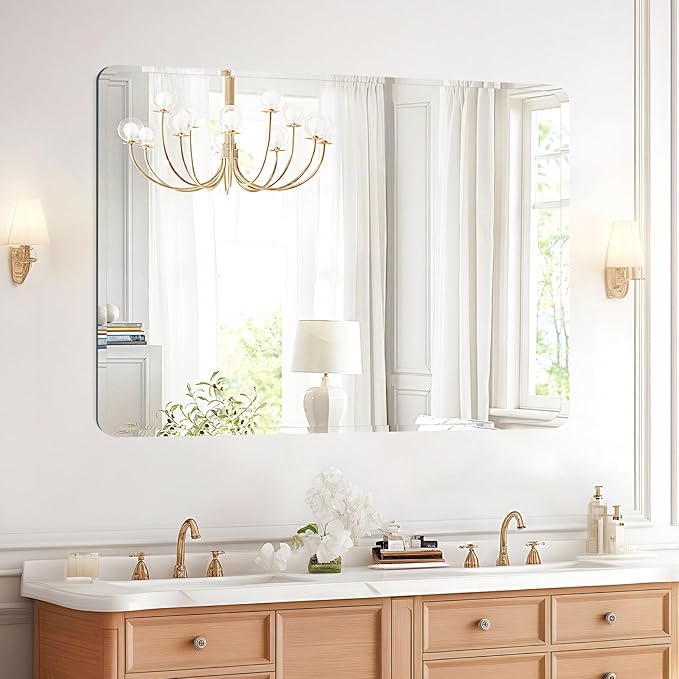 Frameless Bathroom Mirror for Over Sink,Wall Mounted Vanity Mirrors 30x32in,Rounded Rectangle Mirror Frameless with Polished Edge for Bedroom,Living Room,Entryway,Shatterproof (Horizontal/Vertical)