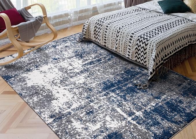 Keen Home Design Area Rugs - 4x6 Non-Shedding, Abstract Rugs for Kitchen, Living Room, Bedroom, Dining Room, Entryway - Size: 4' x 6', Navy/Grey/White
