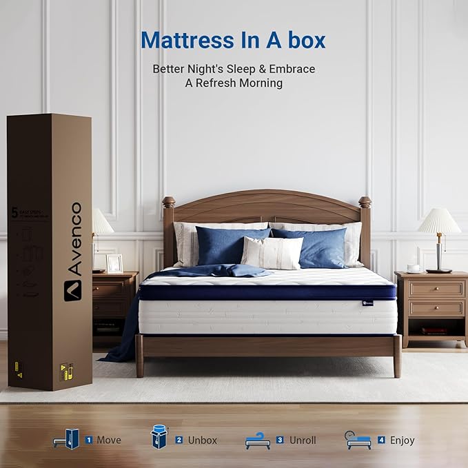 Avenco Queen Mattress, 14 inch Queen Size Mattress with Smarts™ Coil Individual Pocket Spring for Silent Sleep and Strong Edge Support, CertiPUR-US Certified, Mattresses in a Box