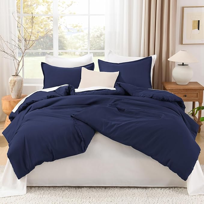 Litanika Comforters Navy Blue Oversized King Size, 3 Pieces Lightweight Solid Bedding Set & Collections, All Season Fluffy Bed Set (120x98In Comforter & 2 Pillowcases)