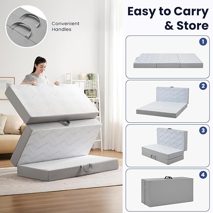Foldable Mattress Full 6 inch -Portable White Memory Foam Folding Matress with Washable Cover for Camping Travel Guest Room Home Use-Non-Slip&Easy Storage