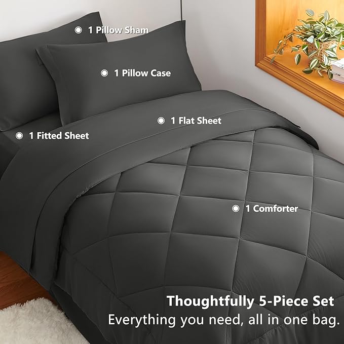 CozyLux Twin Comforter Set with Sheets Dark Grey - 5 Pieces Bed in a Bag Twin, All Season Bed Set for Girls and Boys, Bedding Set with Down Alternative Comforter, Sheets, Pillowcase & Sham