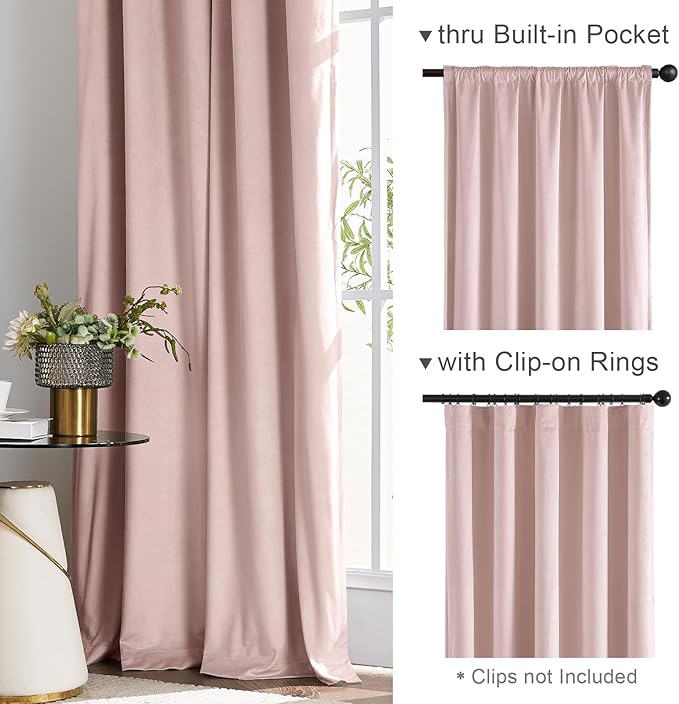 Lazzzy Velvet Blackout Curtains Thermal Insulated Room Window Drapes Super Soft Luxury Curtains for Living Room Bedroom Rod Pocket 2 Panels, Dusty Pink, 52" W x 120" L