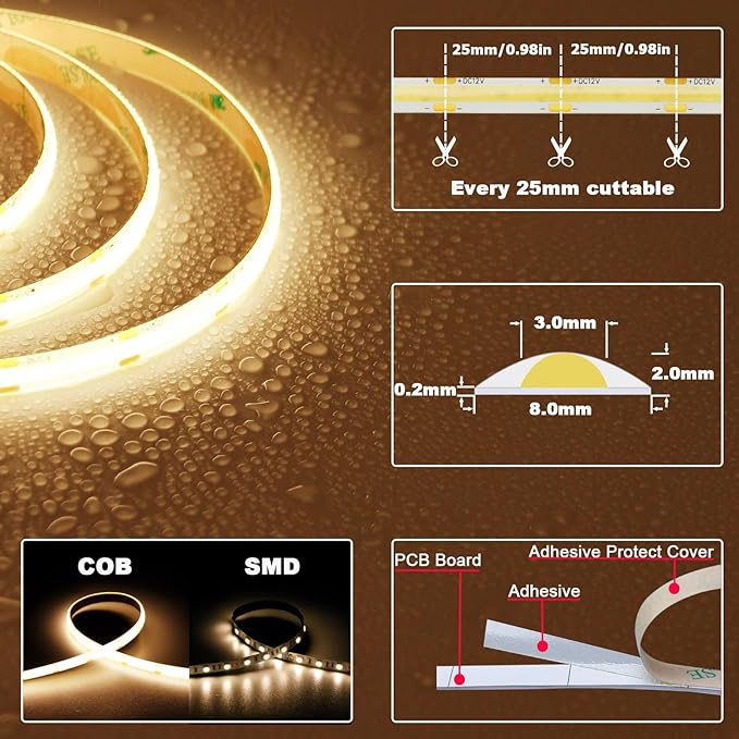 TOPAI 12V COB LED Strip Light 3000K Warm White Waterproof IP65 480LEDs/M Super Bright 4000Lm CRI>90 16.4ft/5M Dotless High Density Cuttable Flexible for Cabinet Home DIY Lighting Projects