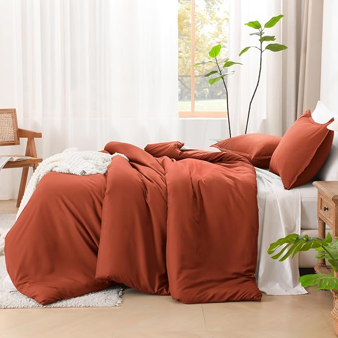 Litanika Comforters Burnt Orange Oversized Queen Size, 3 Pieces Lightweight Solid Bedding Comforter Set, All Season Fluffy Bed Set (98x98In Comforter & 2 Pillowcases)