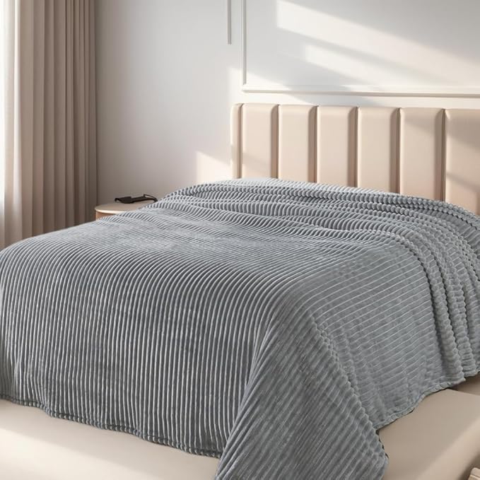 Queen Size Cuddly Fluffy Fleece Blanket, Warm and Soft with Striped Pattern, 90x90 Inches, Ash Grey