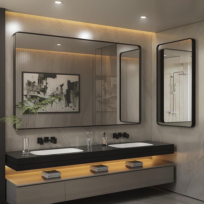 ISKM Silver Framed Mirror for Wal Bathroom Mirror for Wall 48" x 40" Matte Framed Vanity Mirror Anti-Rust, Tempered Glass, Rounded Rectangle Mirror(Horizontal/Vertical)