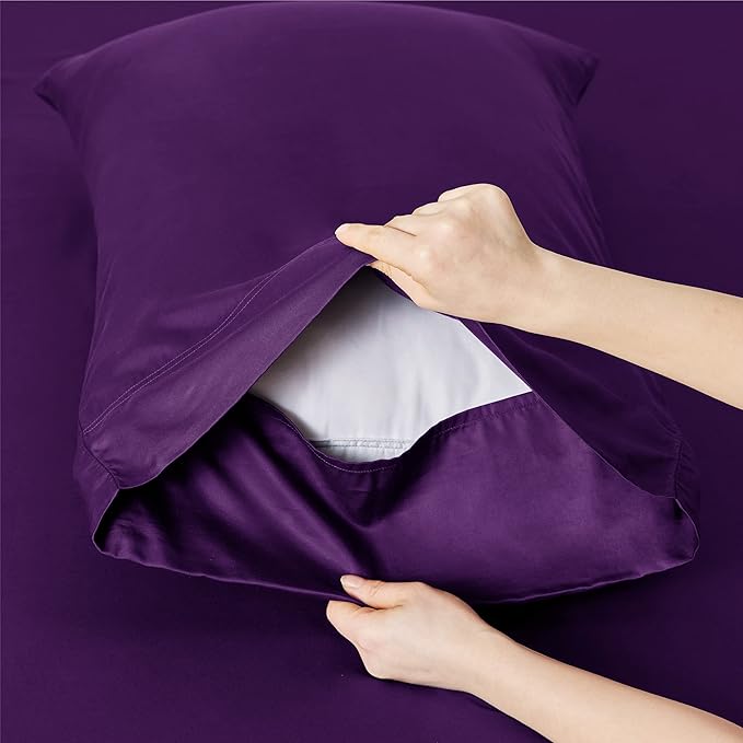 Bedsure Queen Sheet Set, Rayon Derived from Bamboo, Cooling Sheets, Breathable & Soft, Deep Pocket Up to 16 Inches, Hotel Luxury Silky Bedding for Hot Sleepers, Plum
